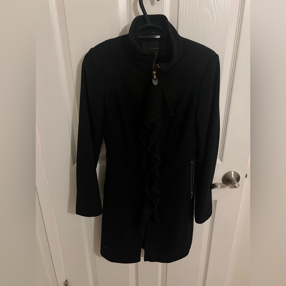 Tahari Wool Blend Black Full Length Front Zipper Ruffled Coat Jacket - Picture 5 of 8